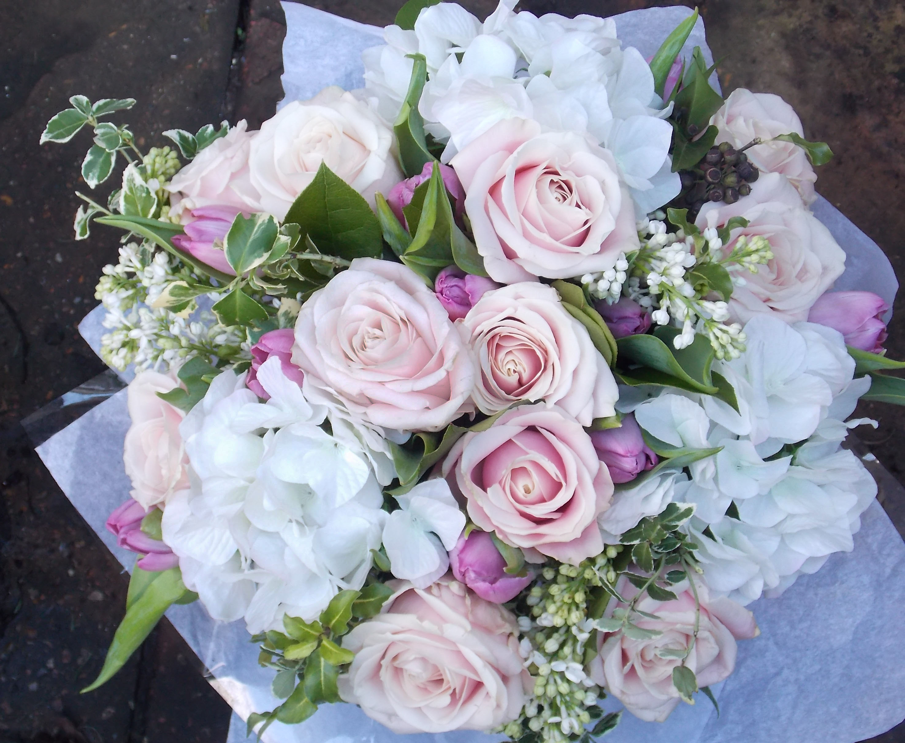 Vintage bouquet white hydrangea sweet avalanche Rose, Lilac pink tulips